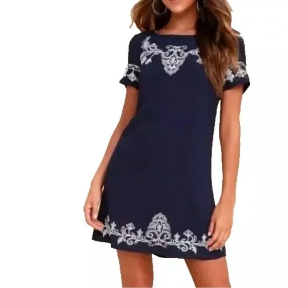 tale to tell blue and ivory embroidered shift dress Lulus Tale to Tell Blue/Ivory Embroidered Shift Dress L